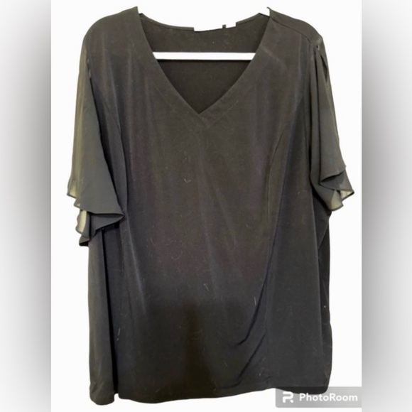 Top W/Split sheer flutter sleeves - 2X - Black-Susan Graver- Short Sleeve - Picture 1 of 7
